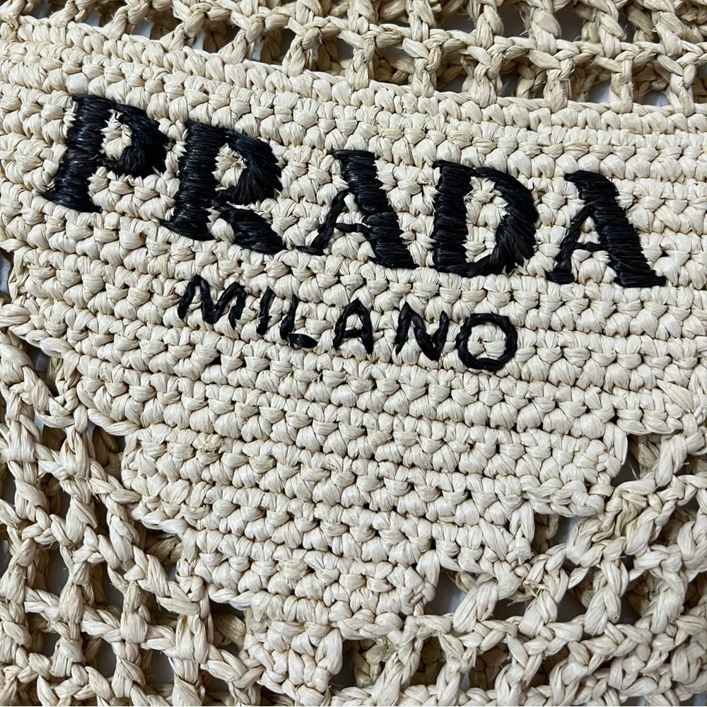 Prada Beige Crochet Tote Bag with Black Logo